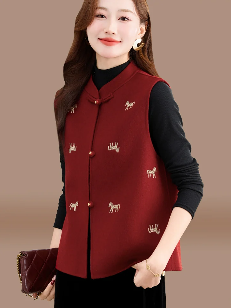 

Red New Chinese Sle Woolen Vest Women's Outerwear Winter New Arrival Anti-Aging Tank Top Commute Sle Embroidered Design