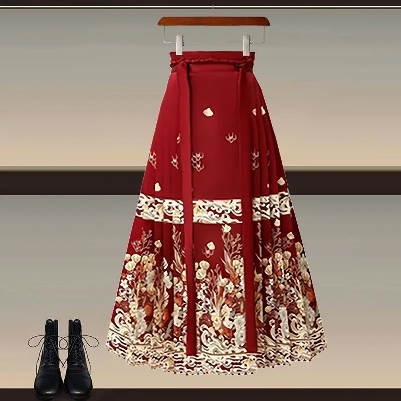 새로운 중국 슬레 민족 의상 세트 신년 전투복 빨간 스웨터와 한복 마 페이스 스커트 투피스 세트