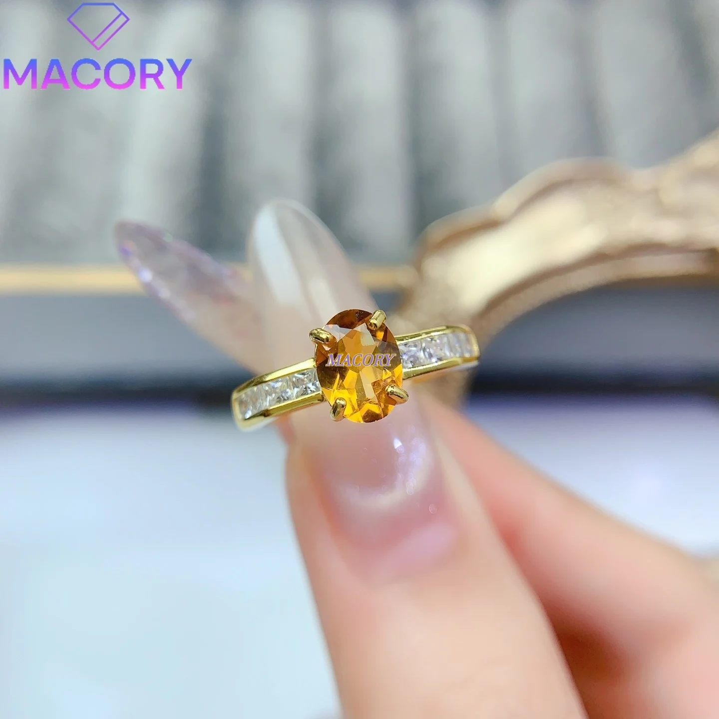 Natural Yellow Crystal Ring 925 Sterling Silver New Stylish Women's Design Youthful and High-End Feel Comes with Certificate
