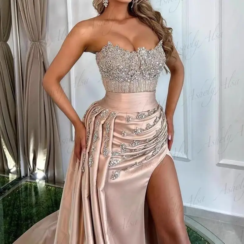 Elegant Luxury Heavy Beaded Evening Dresses 2024 Strapless Crystal Sexy Front Split Party Special Occasion Dress Wedding Formal