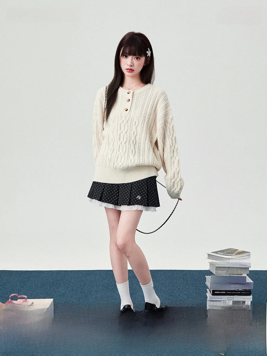 

Lazy Women's Knitted Sweater Soft Cozy Milk White Overhead Long Sve round Ne Regular Fit College Sle Loose pe