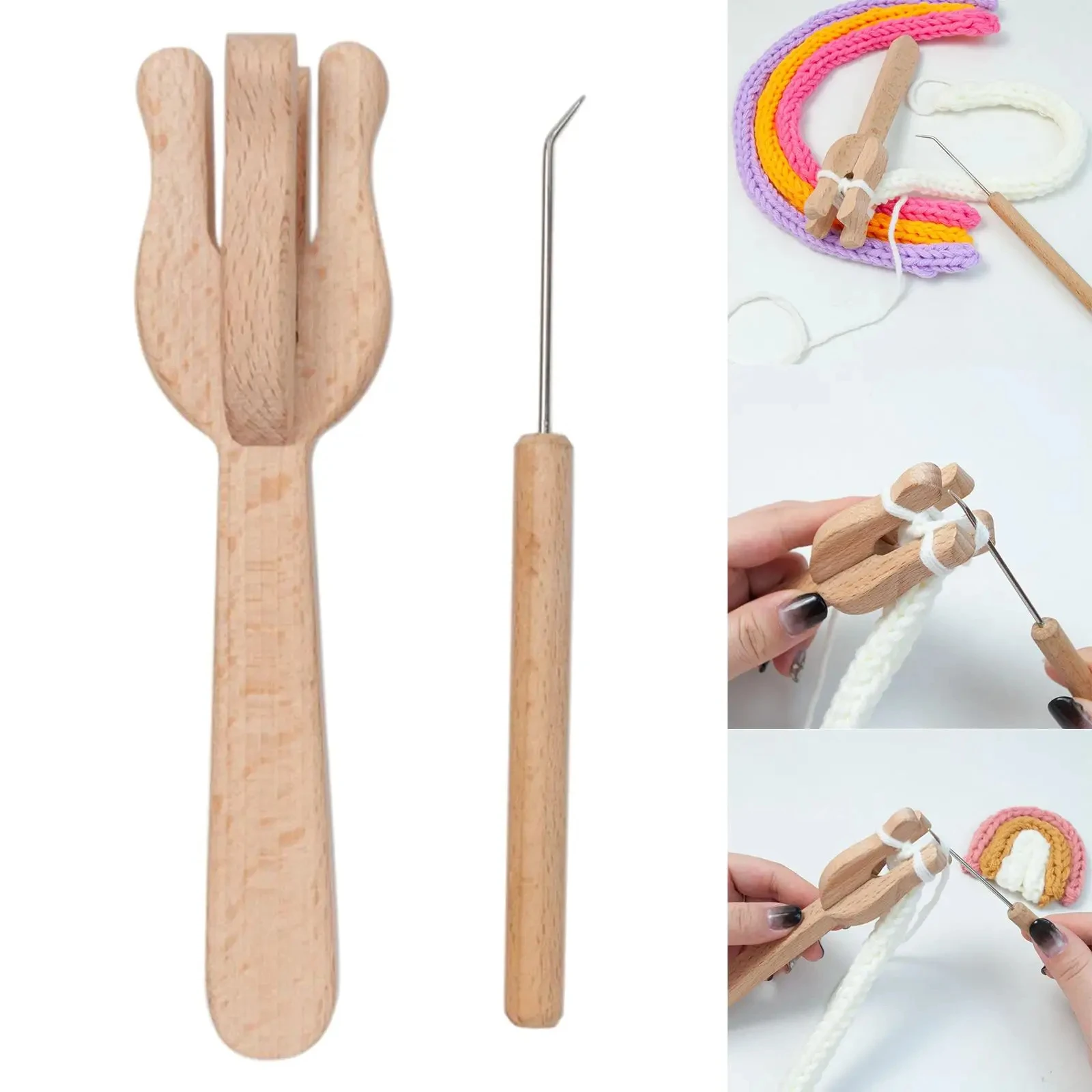 Knitting Fork and Needle Kit Wooden Hand Weaving Ancient Cording Tool Wooden Lucet Fork Weaving Needle