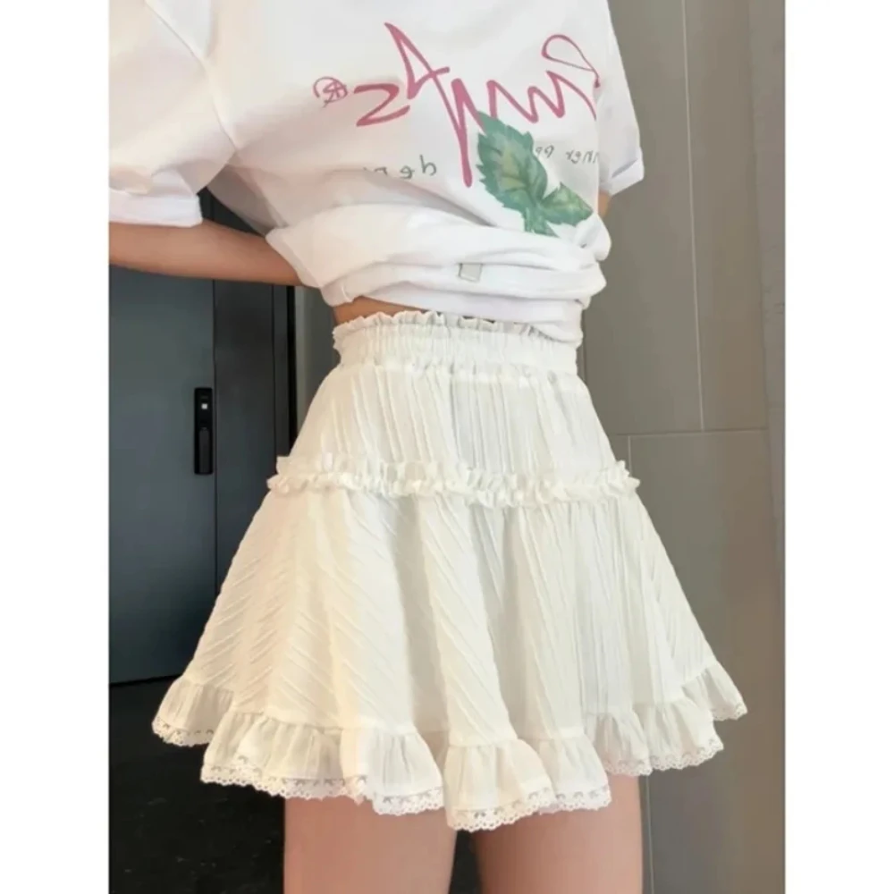 

Sweet Cake Mini Skirt Women Elastic Waisted Texture Pleated A-line White Skirts 2025 Summer Casual All Match Y2k Faldas