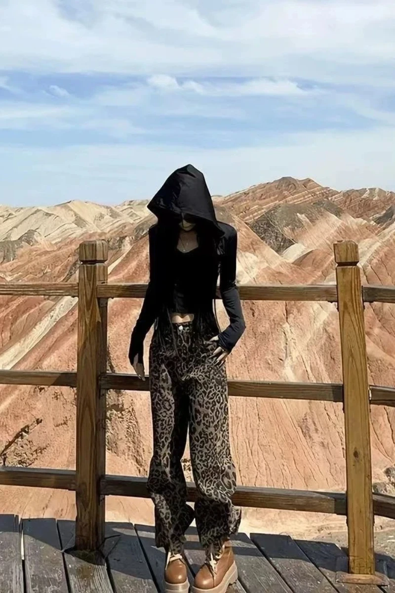 جينز نسائي Y2k جينز أمريكي ريترو بطبعة الفهد بنطال ذو قصة أرجل واسعة عالي الخصر فضفاض مناسب للشتاء تصميم جديد للتخسيس مستقيم طويل