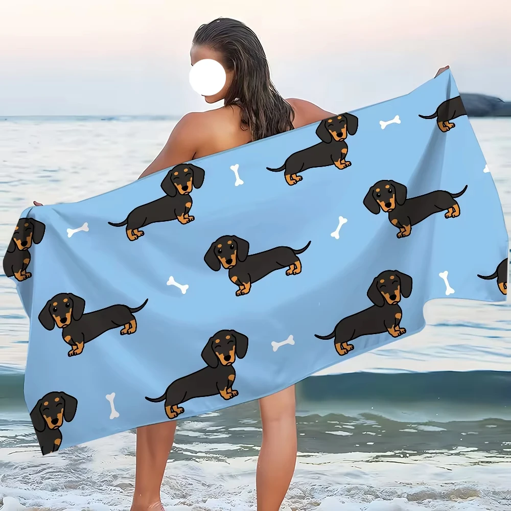 Cartoon Dachshund Pattern Quick Dry Beach Towel Soft Comfortable Skin Friendly Multi-Size Flat Print Design for Pool Camping