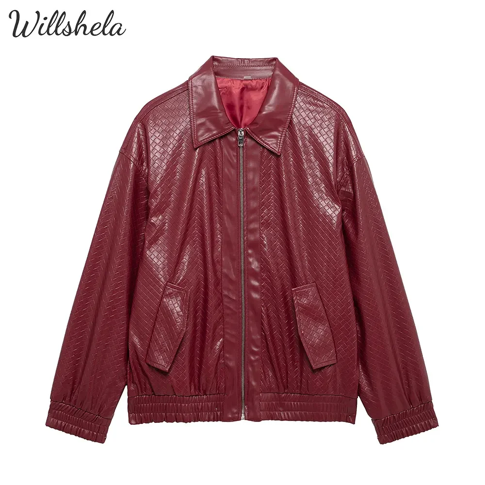 Willshela Women Jacket Fashion With Pockets PU Red Bomber Jackets Lapel Neck Long Sleeves Vintage Female Chic Lady Outfits