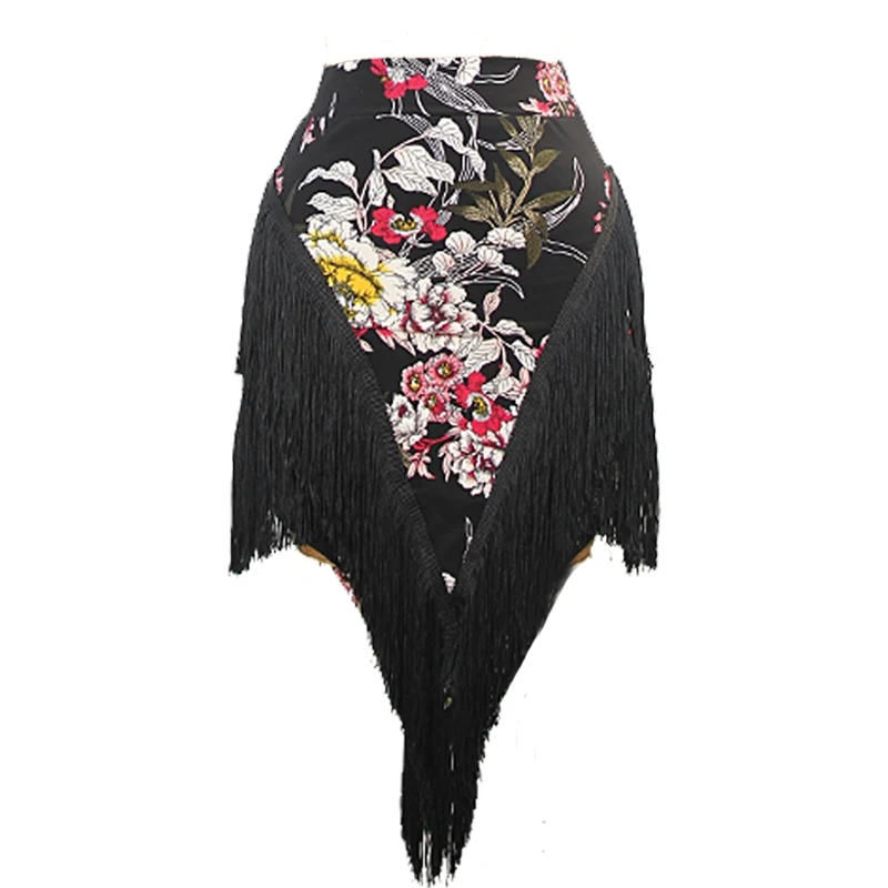 Flower Printing Latin Dance Skirt Women Irregular Fringe Skirt Adult Cha Cha Training Wear Rumba Salsa Tango Dance Skirt NV20393