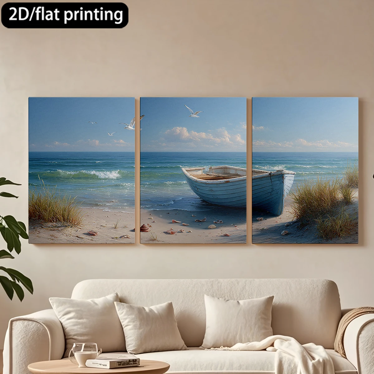 

2D flat printing 3pc wooden frame canvas decorative painting Beach scene, small blue boat.Corridor bedroom decoration