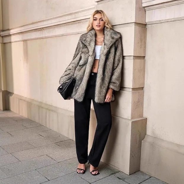 معاطف نسائية من الفرو الصناعي سترات متوسطة الطول بياقة مقلوبة معطف سميك غير رسمي Y2k ملابس الشارع الشهير أنيق للعمل في الخريف والشتاء #2