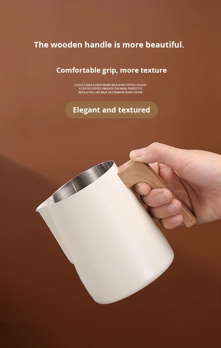 Coffee Milk Frothing Pitcher Jug 304 Stainless Steel with Scale Mark Anti-scald Wooden Handle Coffee Accessories Barista Tools view 6