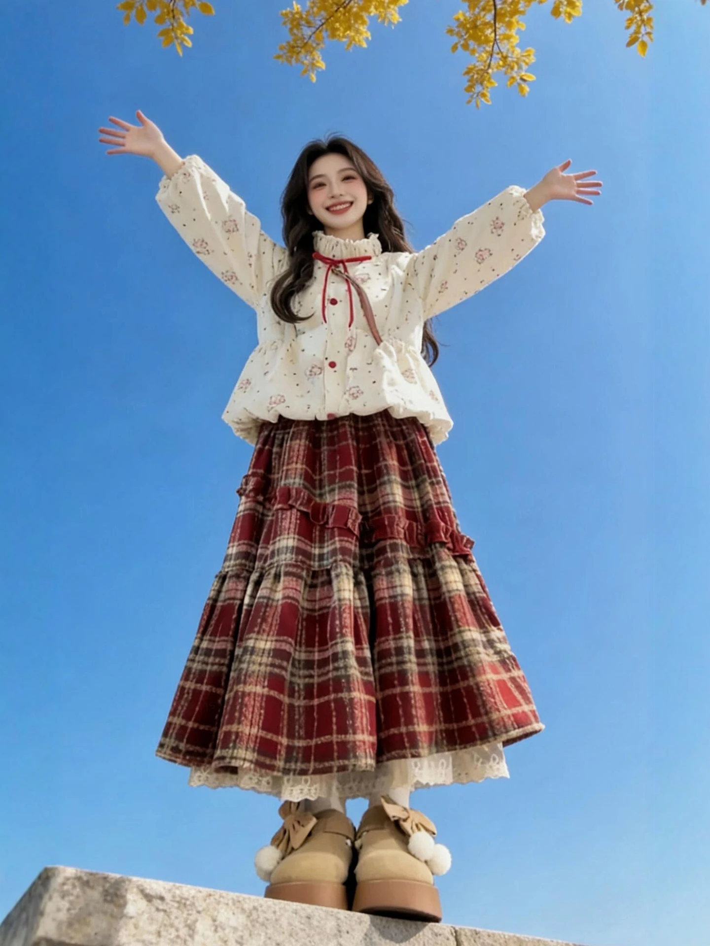 

Winter Warm Cotton Jaet And Plaid Skirt Set Women's Faion Ensemble Vintage Sle High Waist Skirt Zipper Closure Cas...