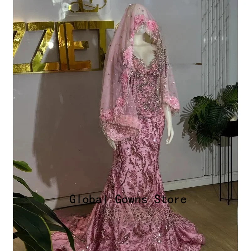 Pink Prom Dresses For Girls Luxury Mermaid Sequins Beaded Tassel Party Dress Sleeveless Evening Gowns robes de Gala Customized