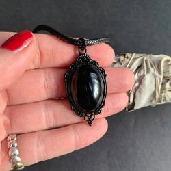 New Pitch Black Onyx Necklace Gothic Stone Witchy Jewelry Classical Fashion Daughter's Gift Magic Pendant Woman Mystical