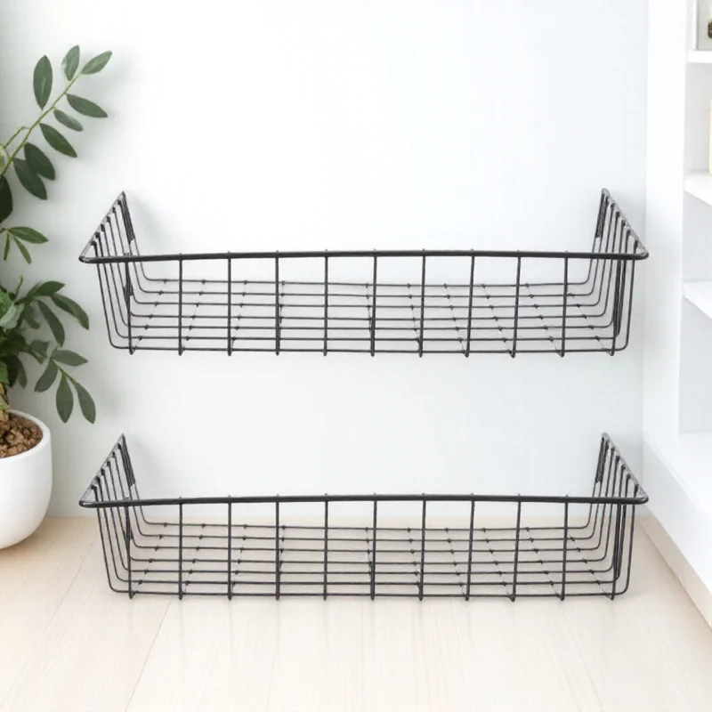 Cesta de almacenamiento de hierro a prueba de herrumbre, rejilla para colgar en la pared, organizador sin clavos para sala de estar, cocina, baño y hogar, 2 uds.