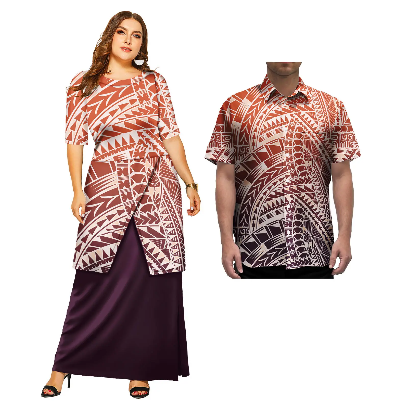 Hawaiian Floral Print Elegant Women Puletasi Dress and Aloha Shirts Casual Samoa Polynesian Couple 2 Pcs Set