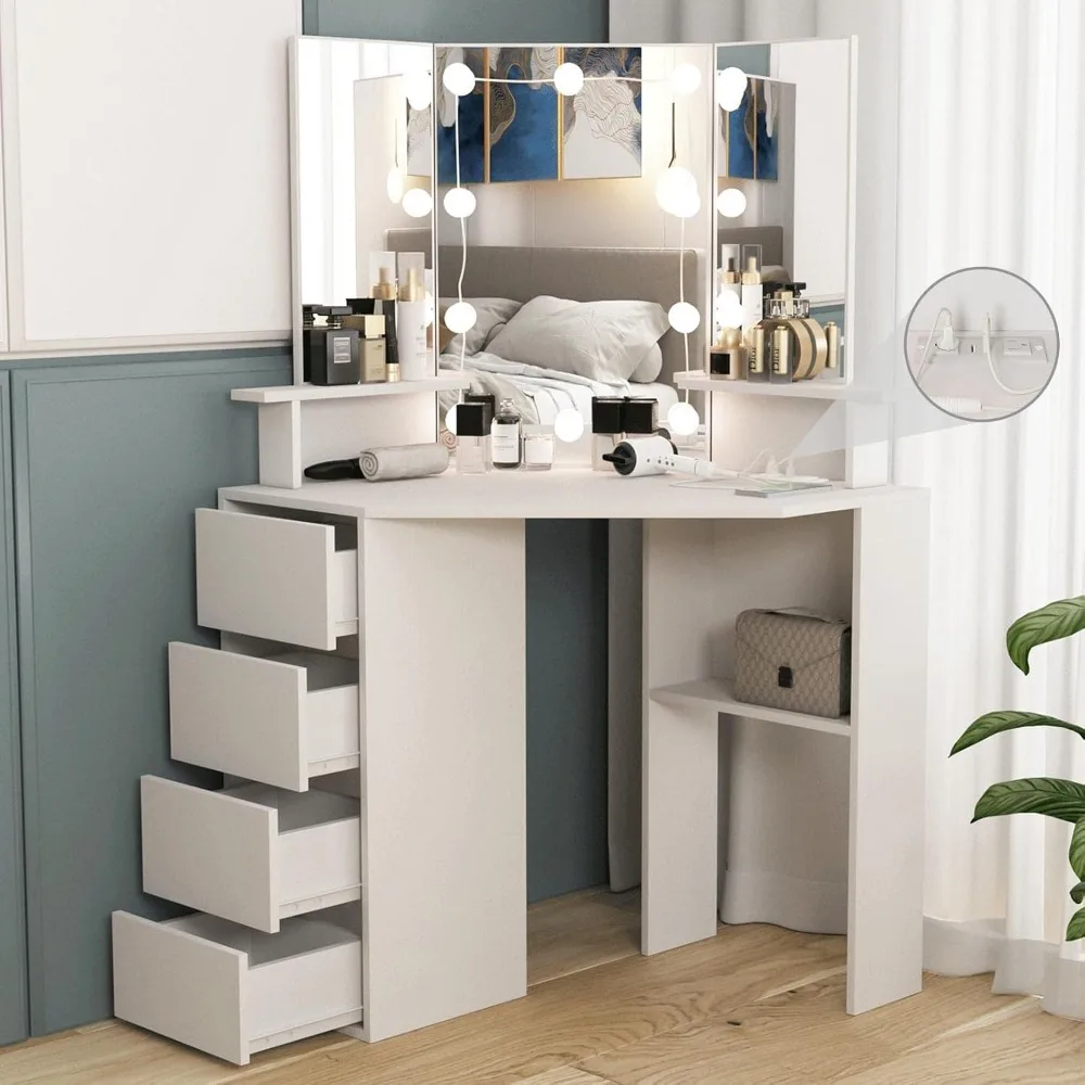 

Corner Desk with Lighted Mirror & Power Strip,White Makeup Table, 42 inch Corner Vanity Mirror with Lights and 4 Drawer, 3 Light