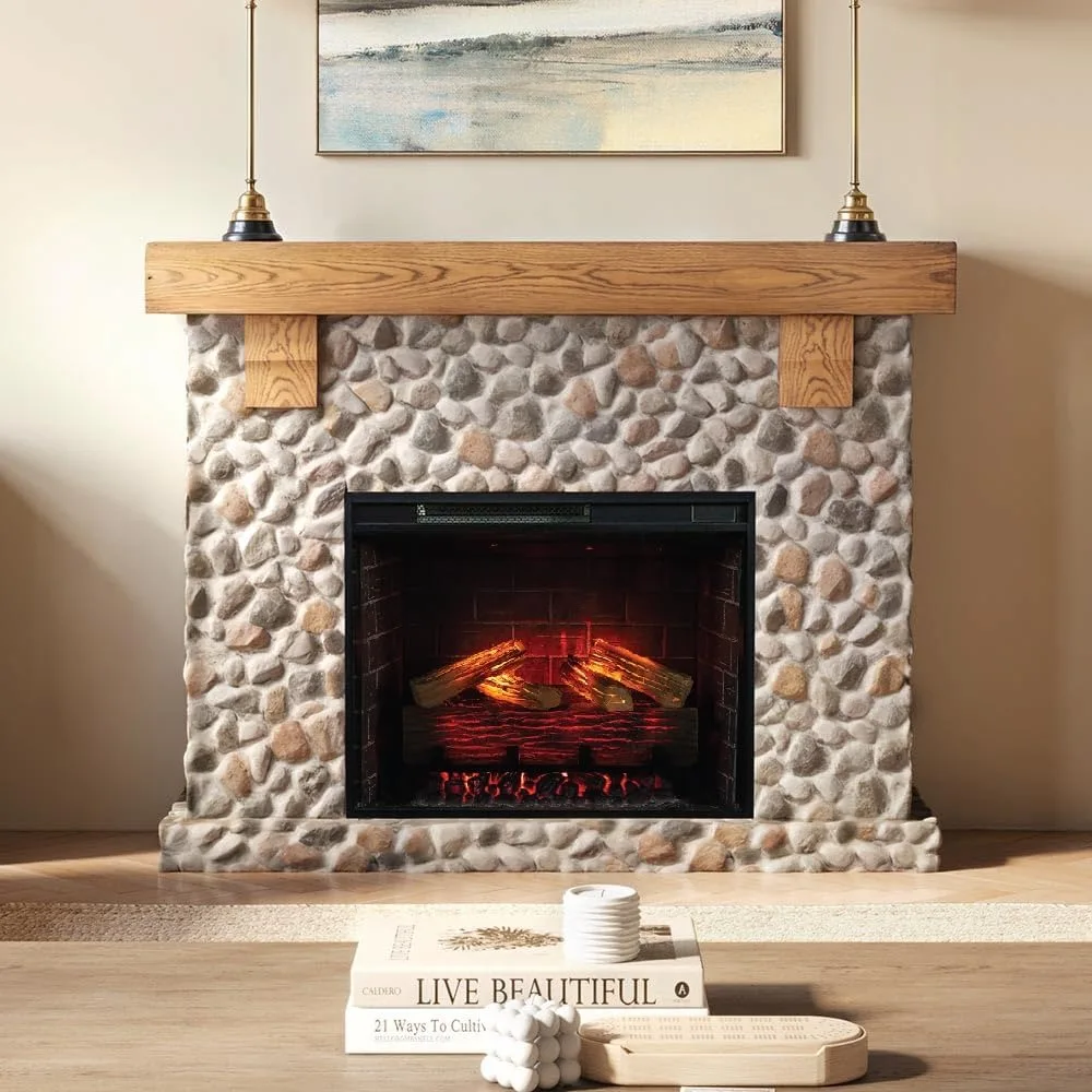 

Glenbrook Fireplace Mantel Package, 28”, Alexa/WiFi Enabled Fireplace Insert, Cast Stone River Rock Surround