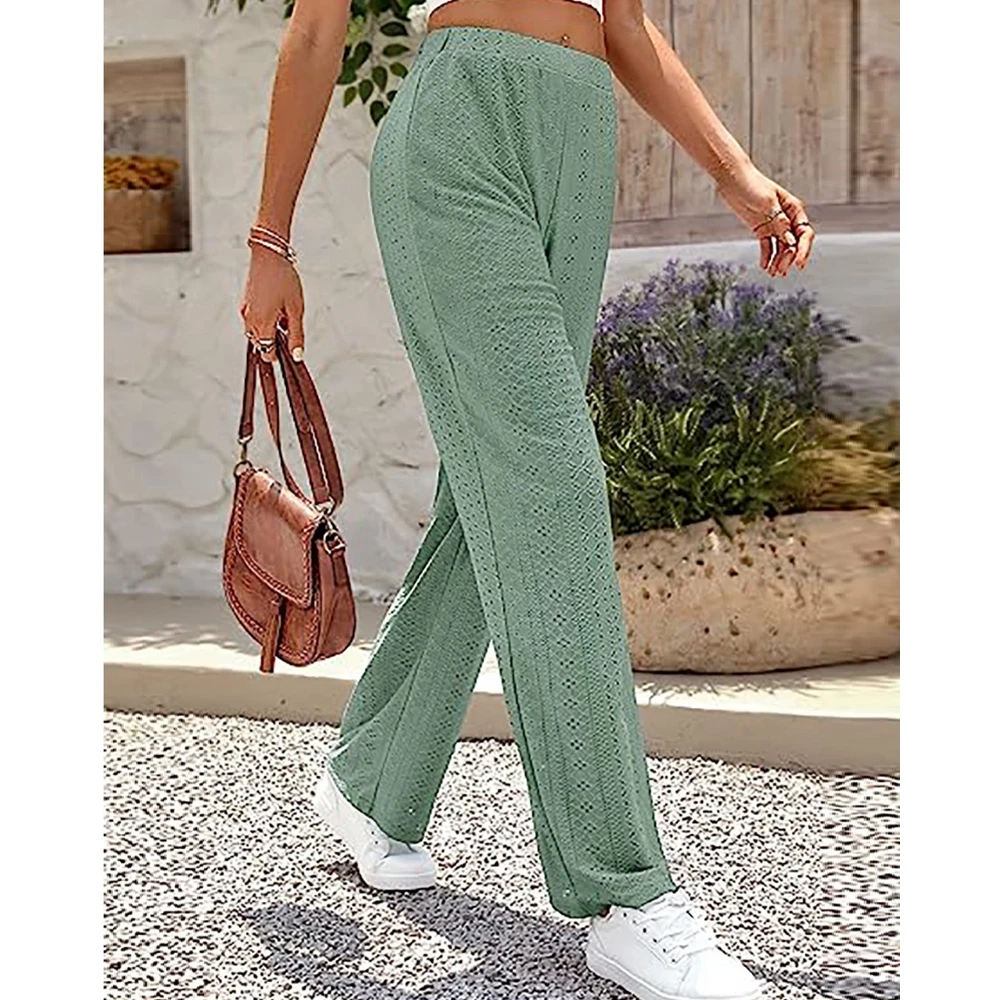 

Fall Women Eyelet Embroidery Hollow Out Long Pants Female Casual Straight Leg Solid Trouses Women Workwear Clothing traf 2023