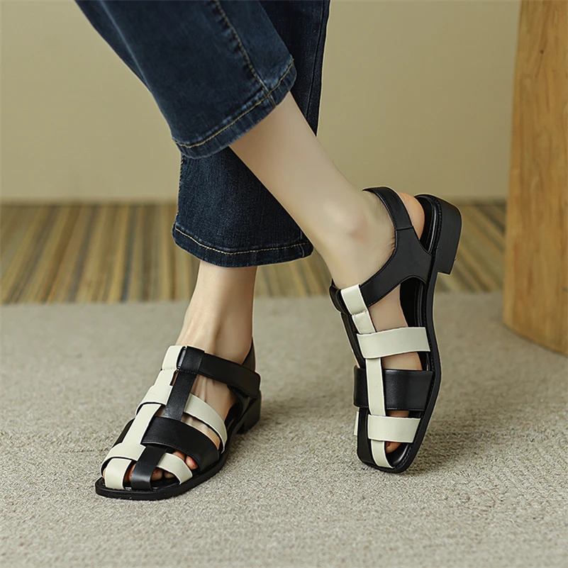 Meotina Women PU Leather Gladiator Shoes Low Heel Summer Sandals Thick Heels Buckle Narrow Band Ladies Footwear 2022 Beige Black