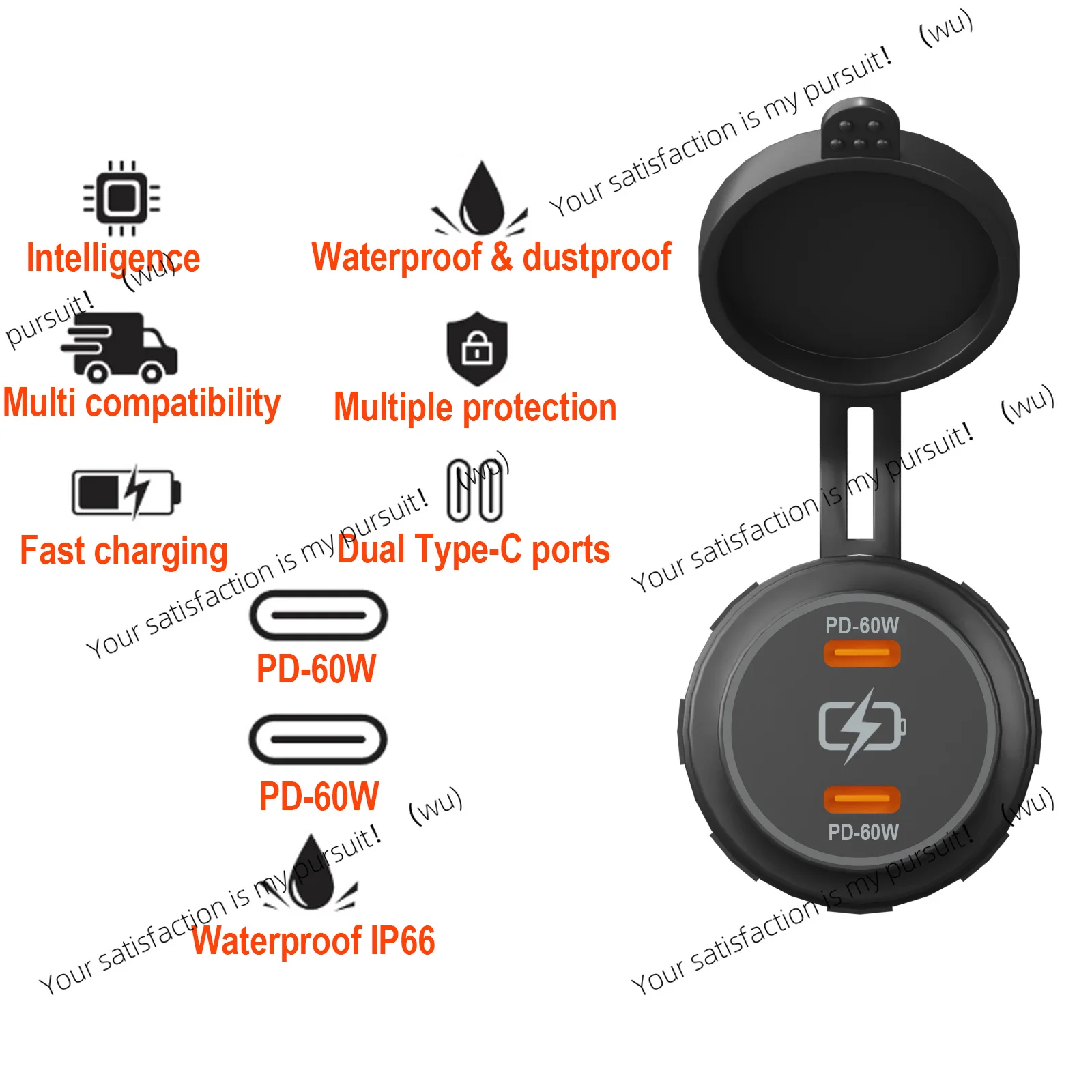 PD 60W dual Type-C charger socket, waterproof 12/24V power adapter, fast charging, suitable for cars, boats, motorcycles, etc