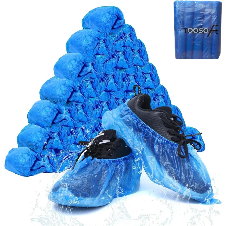 일회용 미끄럼 방지 신발 커버 300개입 (150쌍) 파란색 플라스틱 실내용 특대형 발 보호 방수 부츠