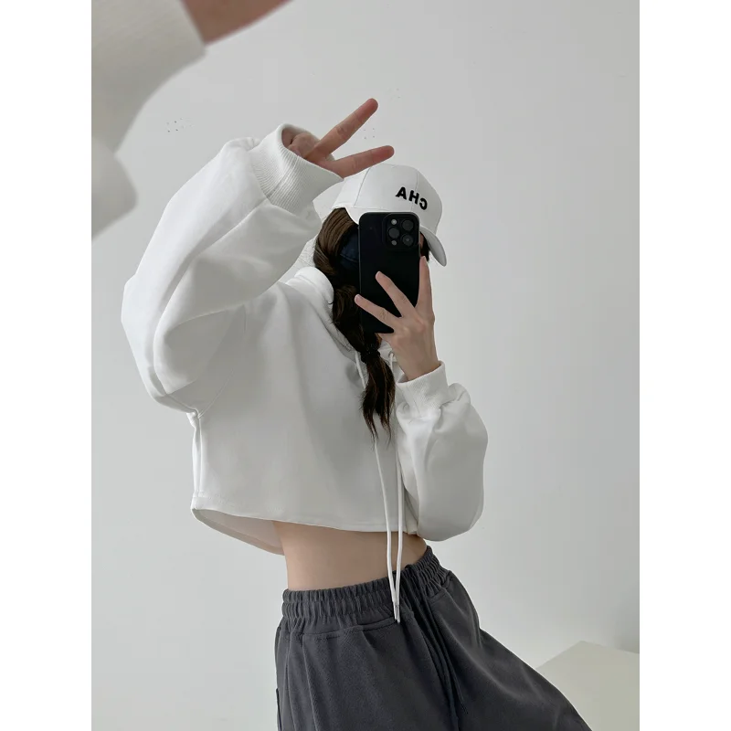 캐주얼 아메리칸 스타일 후드티 여성용 트렌디 스트리트 하이웨이스트 크롭탑 루즈핏 엘레 스타일 겨울 아우터