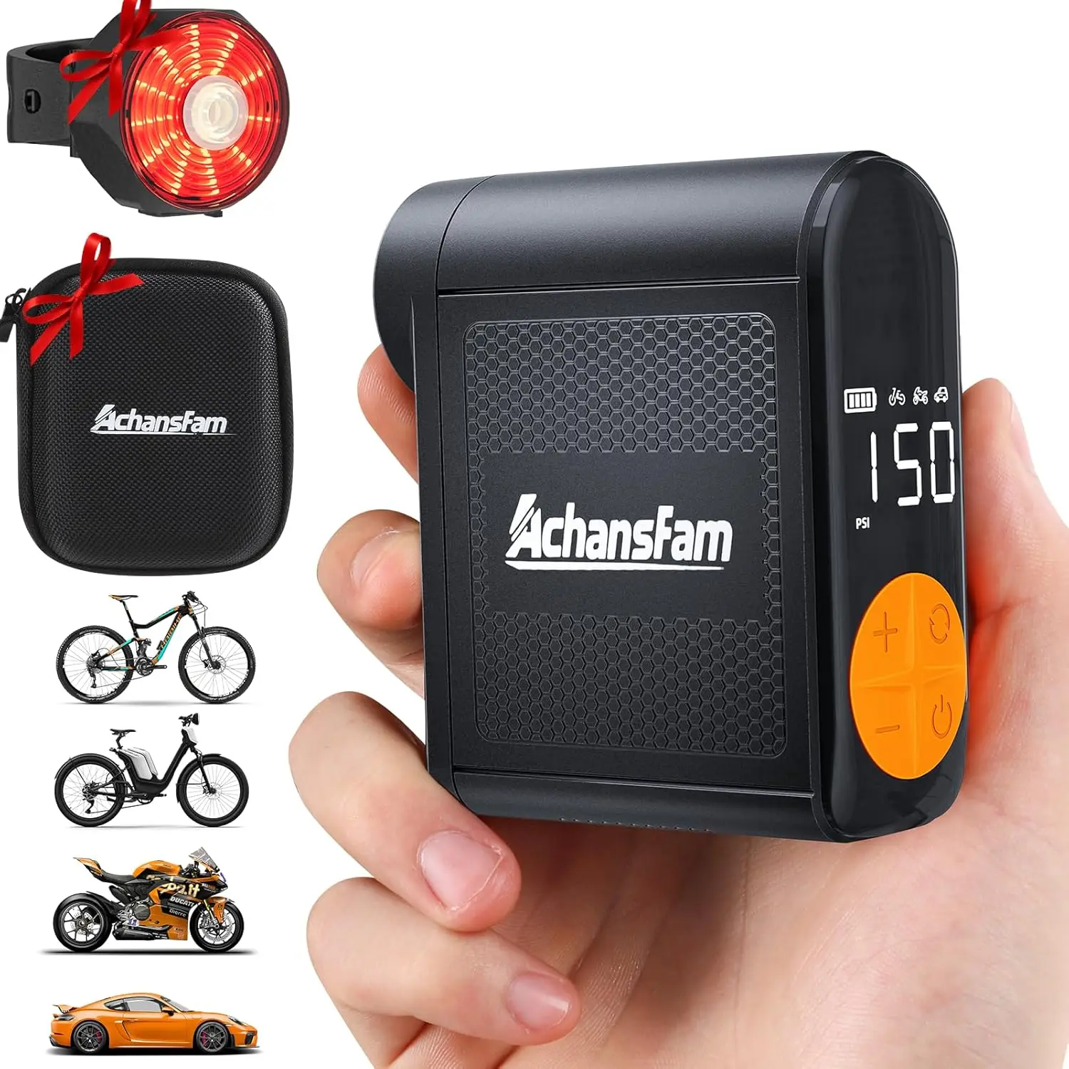 

MINI9 Portable Air Compressor, 150PSI High-Pressure Cordless Bicycle Pump with Digital Gauge & Tail Light, Auto Stop for MTB, E-