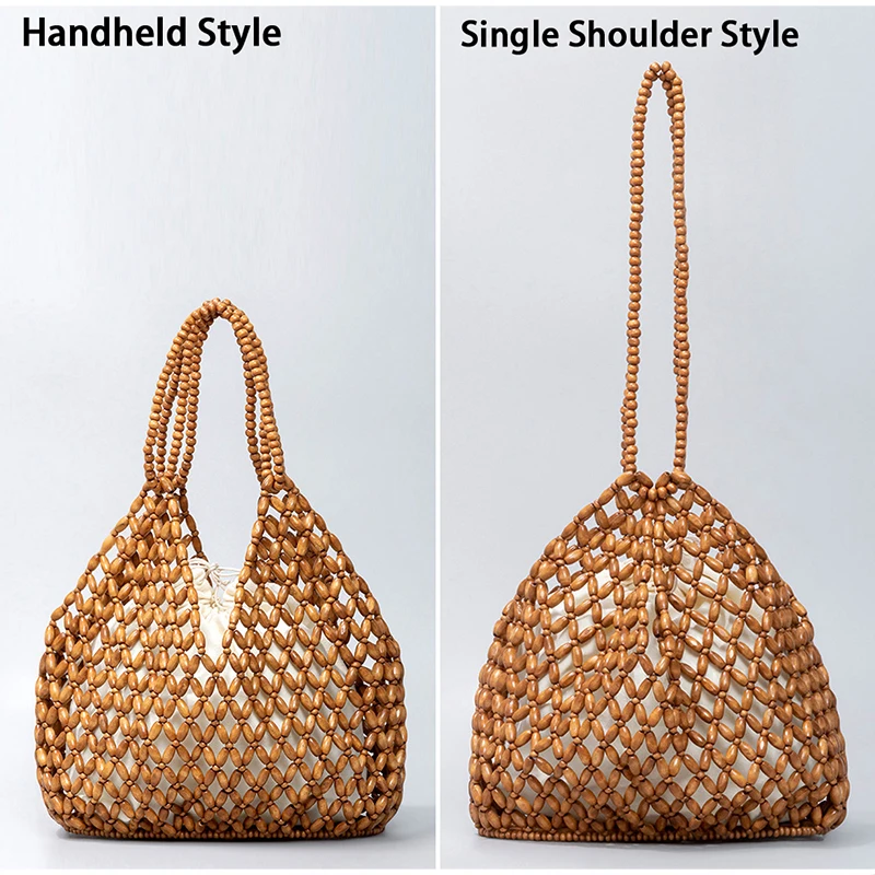 

Hollowed Wooden Beaded Shoulder Bag,Women Large Capacity Bohemian Beach Vacation Tote Bag,Summer Open Handmade Weave Handbag