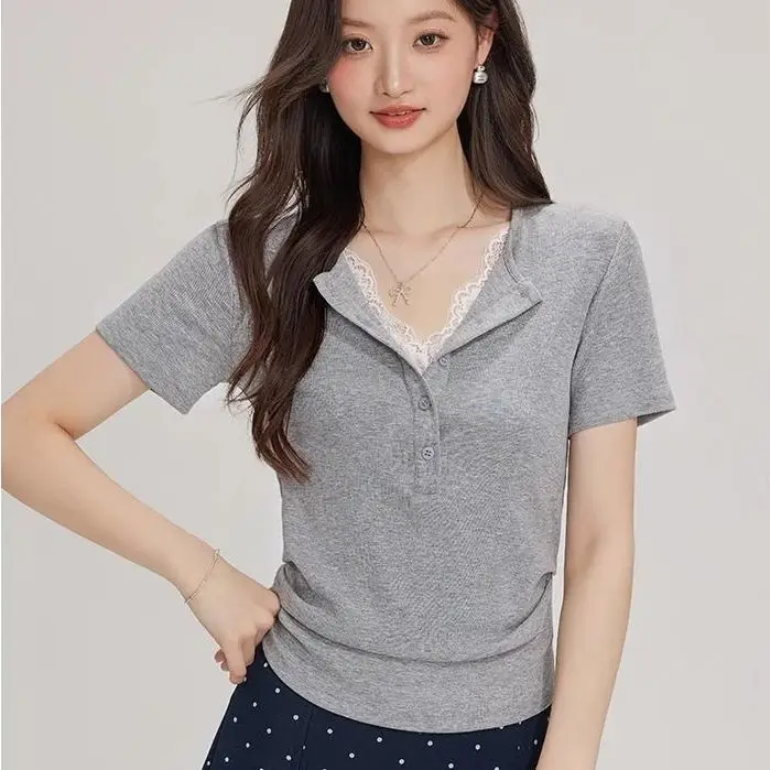 

Полуоткрытый вырез, кружевные топы из двух частей на лето, новая темпераментная универсальная футболка