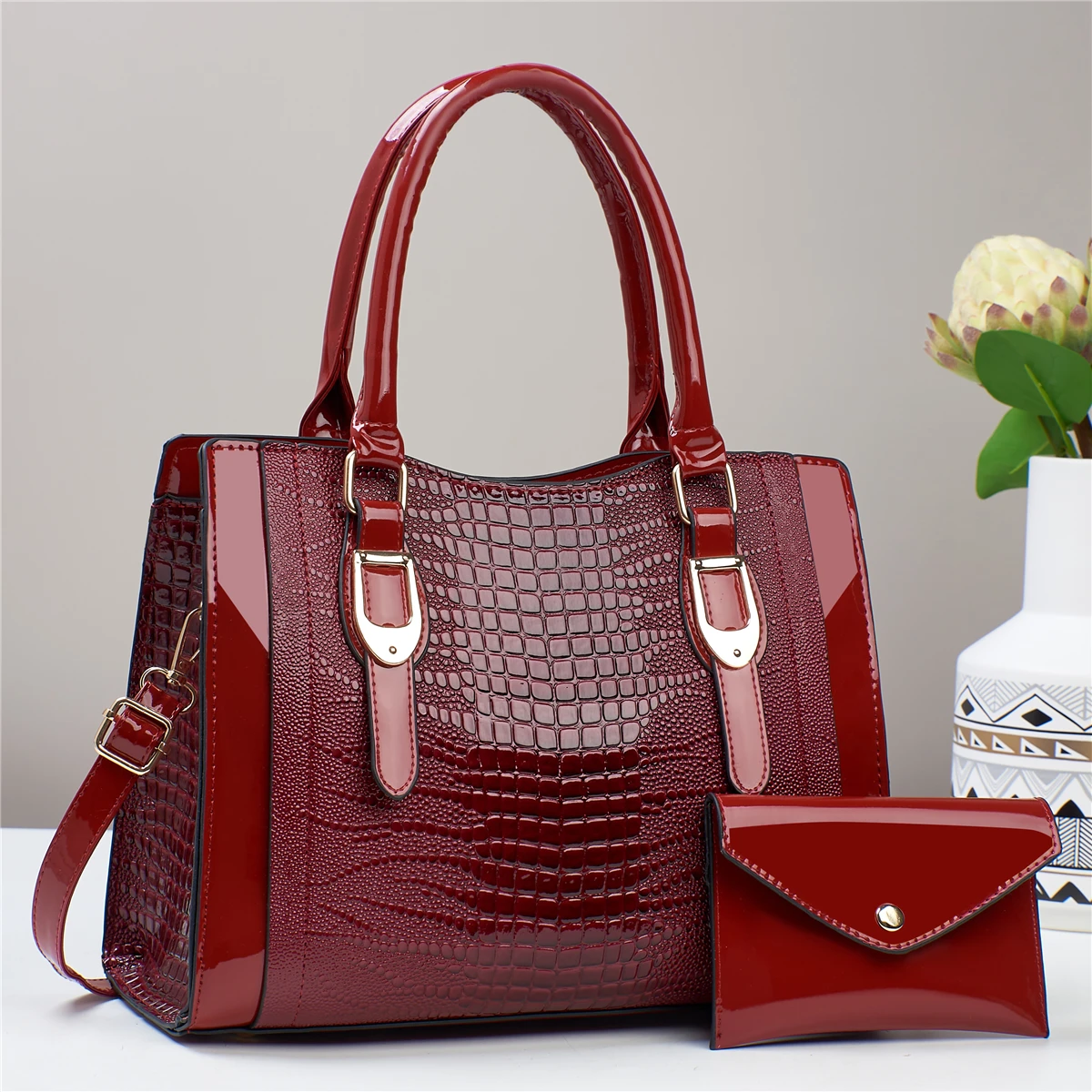 2pcs Glossy Crocodile Pattern Handbag Set, Fashion Top Handle Tote Bag, Women\'s Crossbody Bag With Mini Card Coin Purse