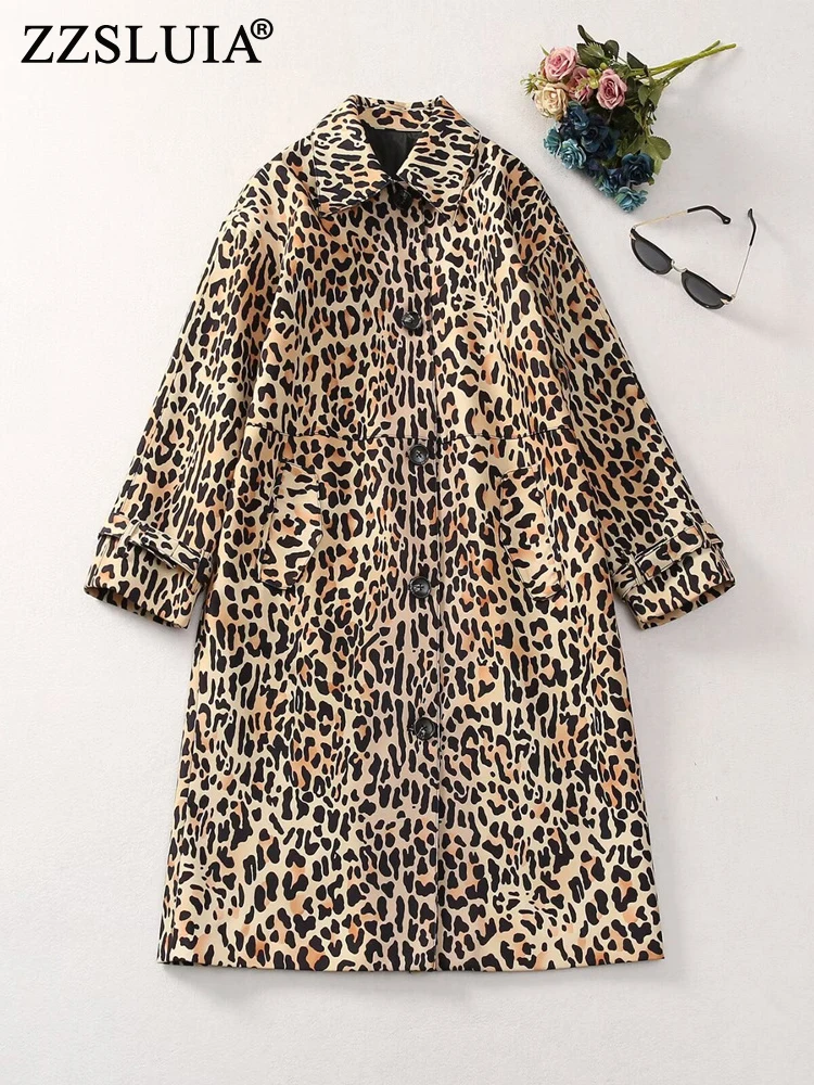 

ZZSLUIA Single Brested Loose Long Coats Fashion Turn Donw Collar Long Sleeve Vintage Trench Leopard Printed Women's Windbreaker