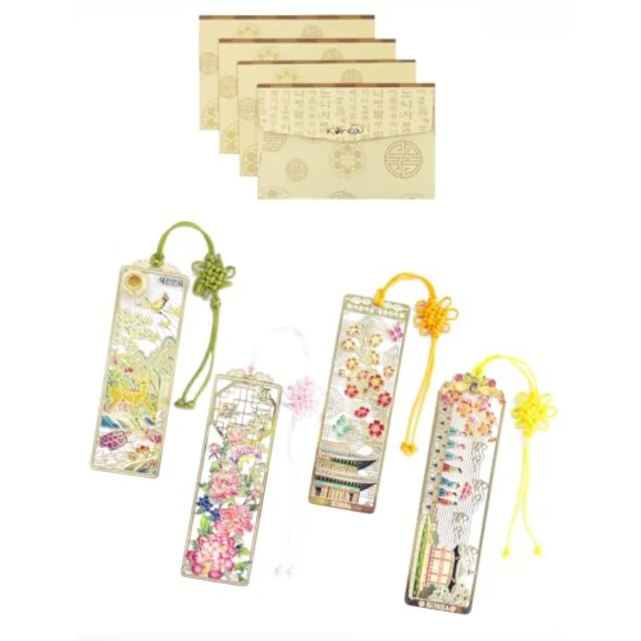 

4 Pieces Metal Bookmark Peony, Ten Symbols of Longevity, Nadeul, Plum Blossom + 4 Envelopes - Korean Traditional Bookmark 책갈피 목