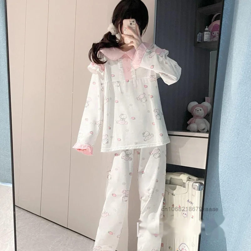 Sanrio Hello Kitty New Y2k Sweet Girl Pajamas Spring Autumn Niche Pure Cotton Sleepwear Japanese Style Cartoon Printed Home Wear