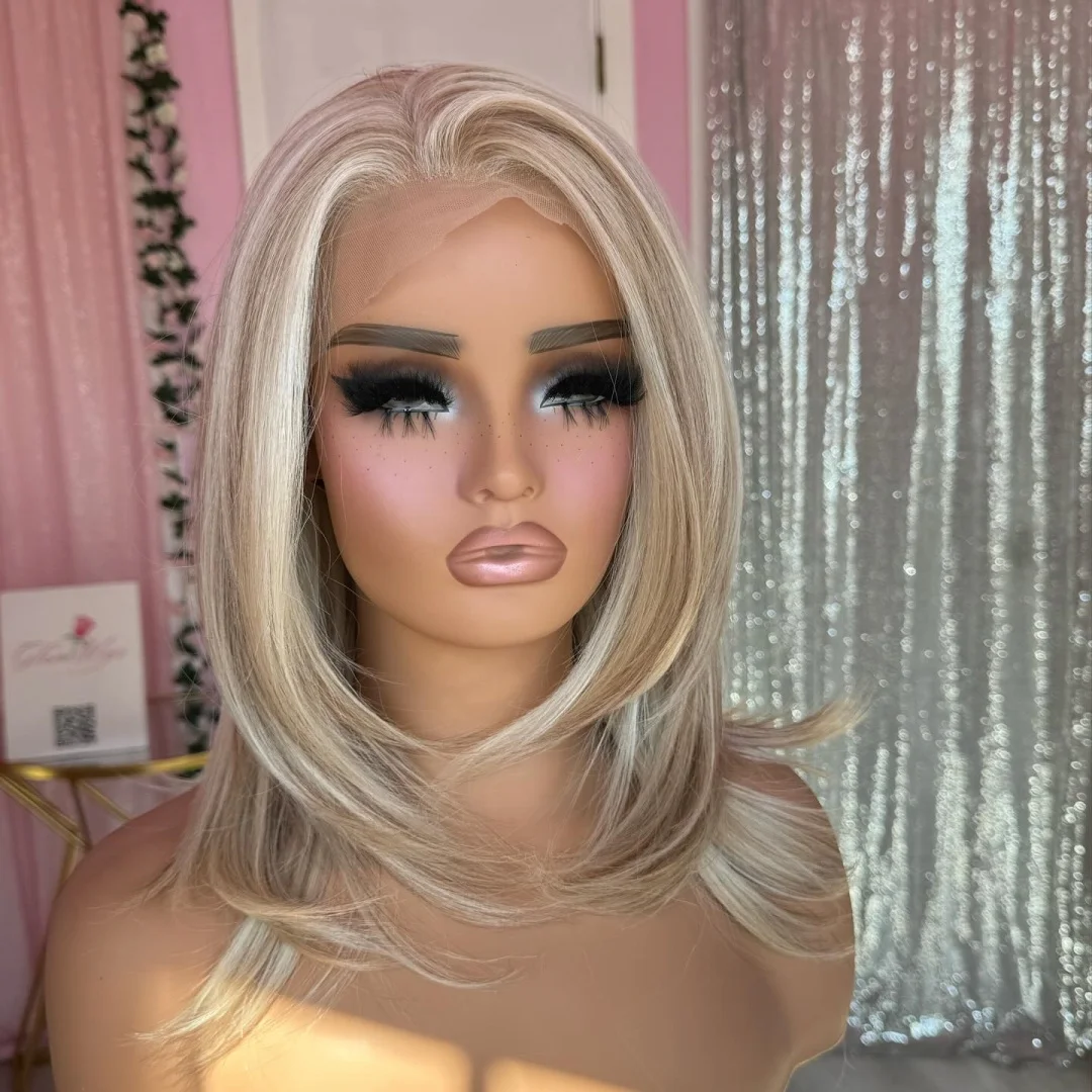 Shoulder Length Layered Lace Wigs For Women Natural Ash Blonde Highlights wig Glueless Daily Use Easy to Wear Soft Wavy