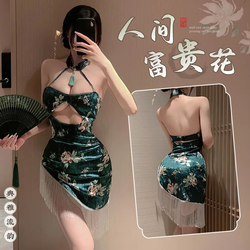 ชุดชั้นในพิมพ์กํามะหยี่ Cheongsam ชุดชั้นในคอสเพลย์ High Slit Tassels Qipao จีนแบบดั้งเดิมชุดนอน