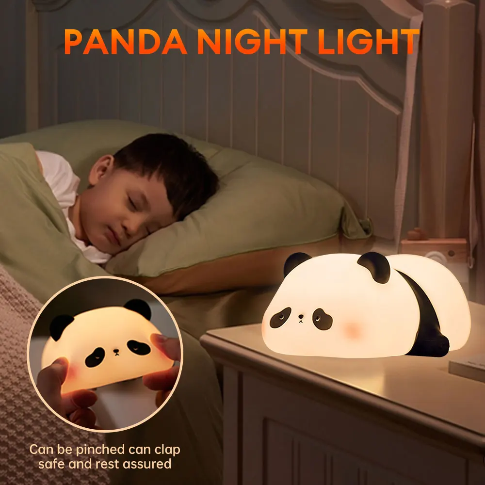 Desenhos animados Silicone Panda Night Light, Toque escurecendo luz de cabeceira, Lâmpada de sono do bebê recarregável, Lâmpada de mesa animal, Timing Pat Light