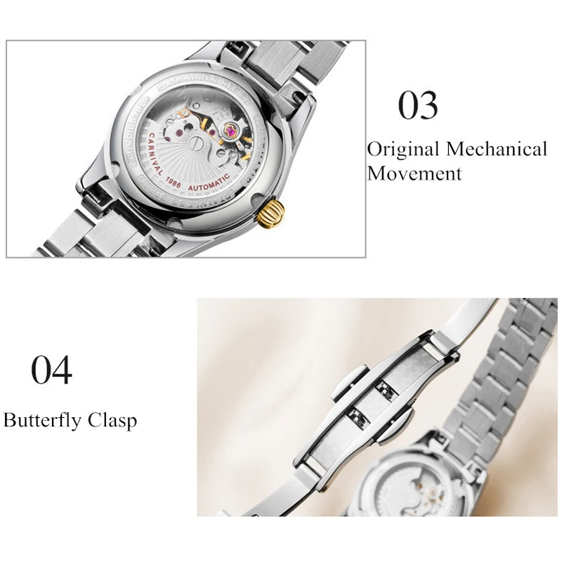 CARNIVAL Brand Women Mechanical Watch Ladies Luxury Rose Gold Automatic Movement Wristwatches Waterproof for Women Montre Femme