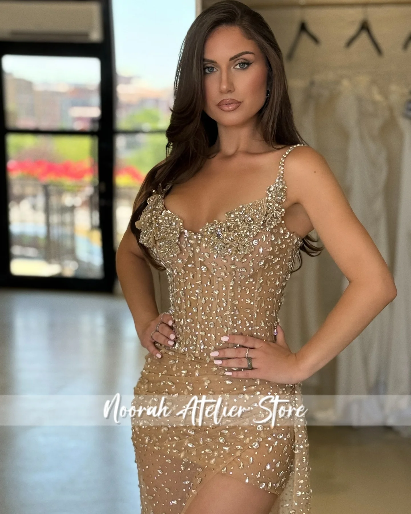 New Sexy Champagne Halter Beaded Luxury Evening Dresses 2025 With Half Sleeves Dubai Mermaid Party Gown Prom Dress Customize