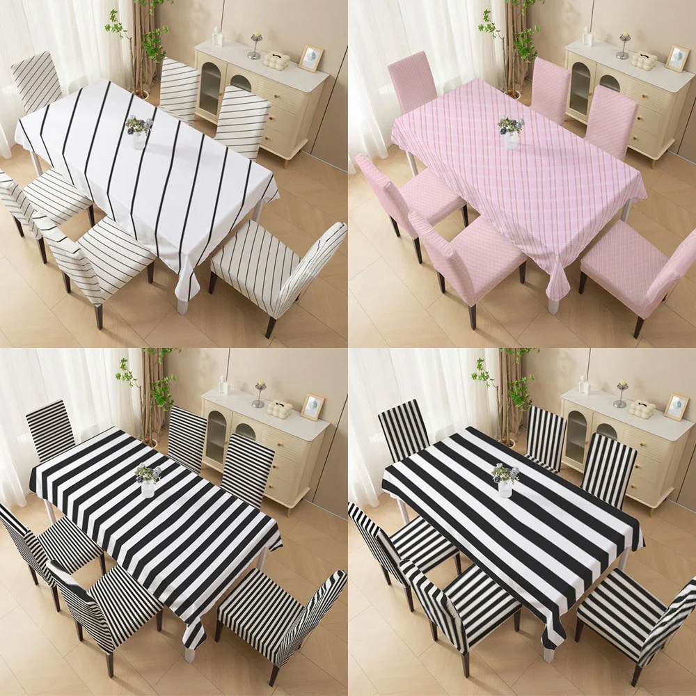 

Elastic dining chair cover, simple black and white horizontal and vertical striped pattern