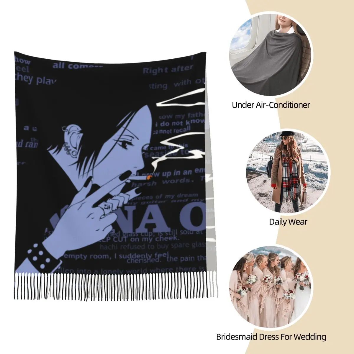 وشاح نسائي مع شرابة نانا أوساكي أنيمي الأحجار السوداء الشرير مانغا (3) طويل ناعم دافئ شال التفاف الهدايا أوشحة الباشمينا