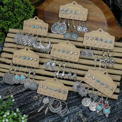 Ancient Silver Color Earrings Turquoise Inlaid Ethnic Style Geometric Circular Bows Sunflowers Starfish Gifts Party