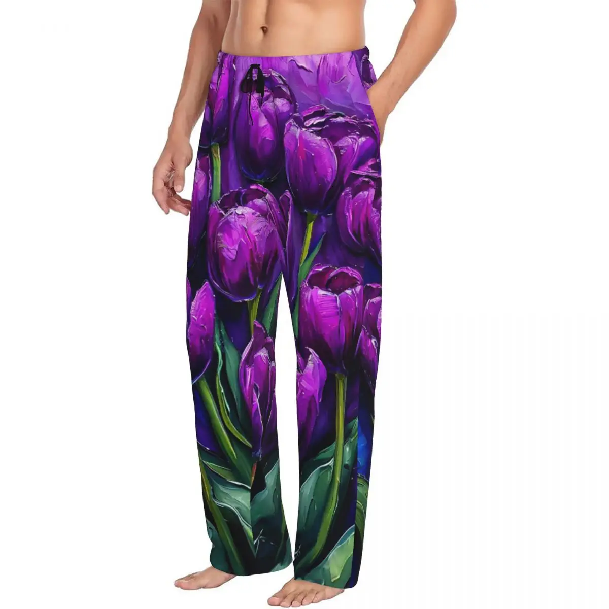 Custom Purple Tulip Oil Painting Print Pajama Pants Men Sleepwear Sleep Lounge Bottoms with Pockets