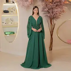 Customized Green Chiffon Evening Gown A-Line Deep V-neck Cap Sleeves Applique Pleats Women's Fashion Floor Length Elegant Pretty