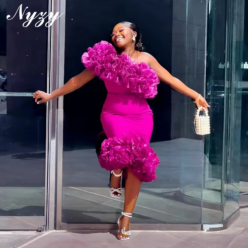 

NYZY C420 Elegant 3D Rosettes Floral Africa Cocktail Dresses 2025 Magenta Date Birthday Evening Party Gowns Customized