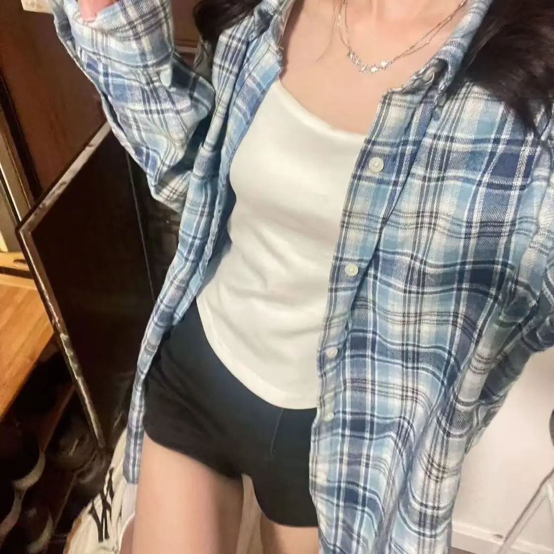 

2024 New Blue Plaid Loose Casual Women's irt Jaet Outerwear Korean Sle Long Sve Collar Anti-Uv Polyester