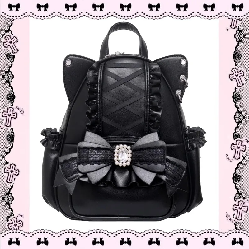 Japanische Subkultur Y2k Rucksack Weibliche Original Katze Ohren Süße Nette Lolita Bogen Strass Rüschen Rand Cross Strap Rucksack Mädchen