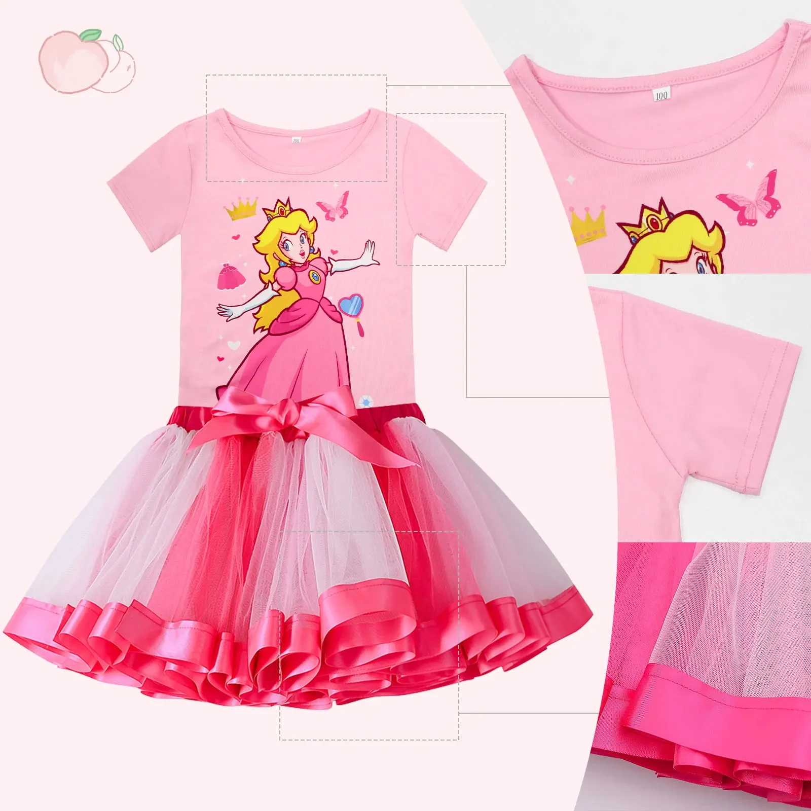 

New Peach Princess Set Girl's Fluffy Mesh Dress Children's Sweet Printed Casual Clothing Party Cosplay Dress Set 2-10Y