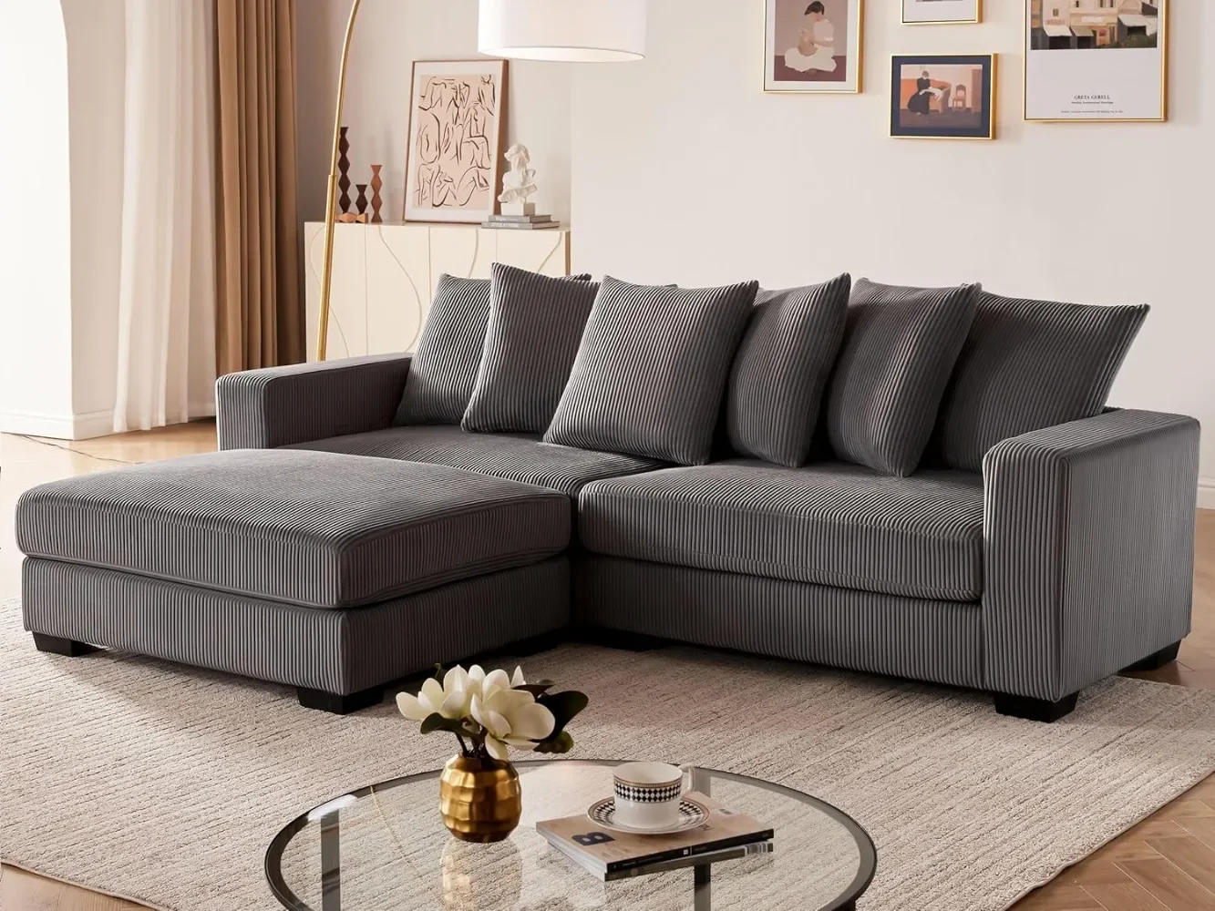 Modular Sectional Sofa with Chaise Comfy and Widened Armrests for 4 People Corduroy Sectional Couches