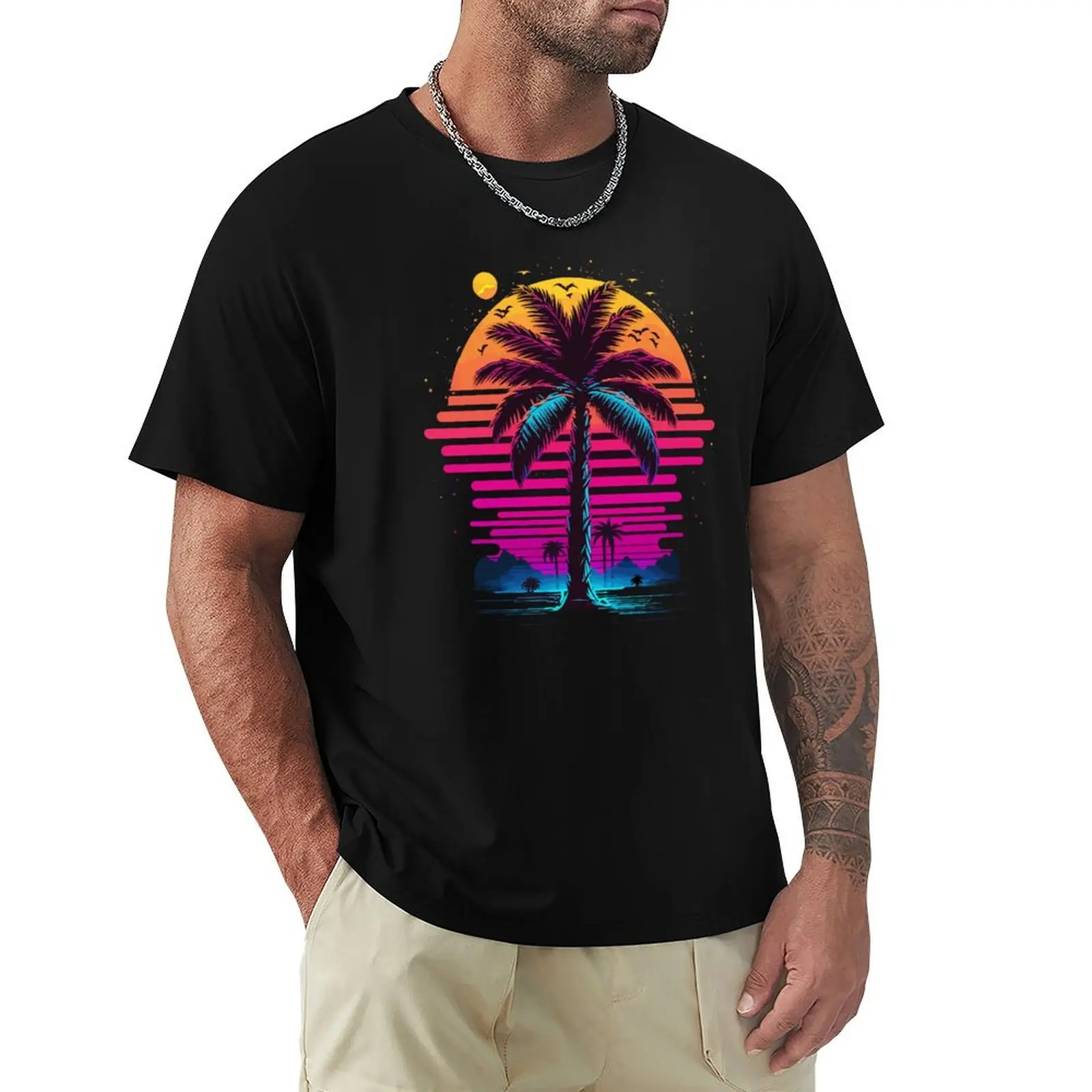

Retro Glitch Island Sunset Synth Aesthetic Silhouette T-Shirt Street Art Print Tee Shirt