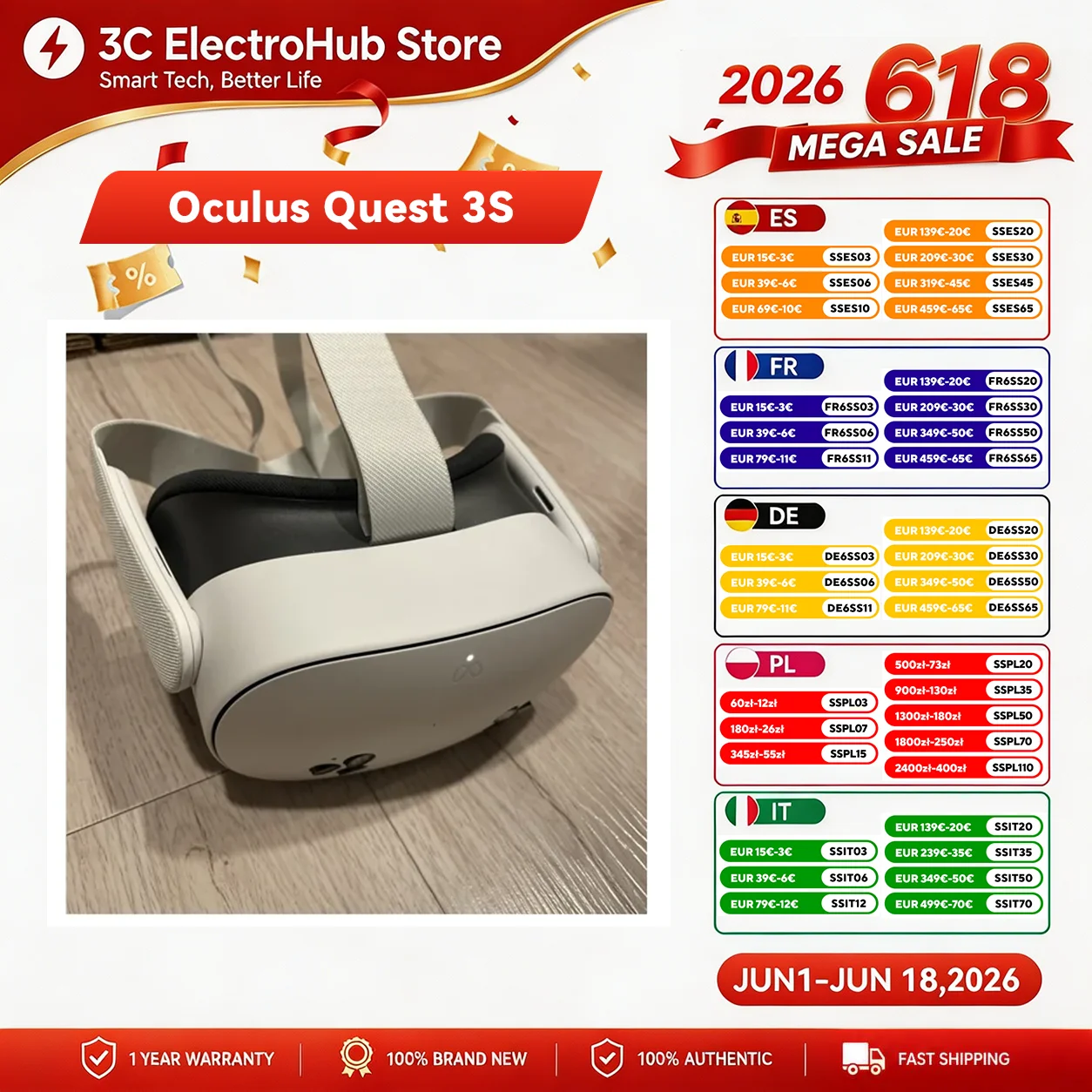 Casque VR tout-en-un Oculus Quest 3S 128 Go — Casque intelligent Meta Quest 3 avec détection de mouvement — Console de jeu VR Quest 3S 128 Go